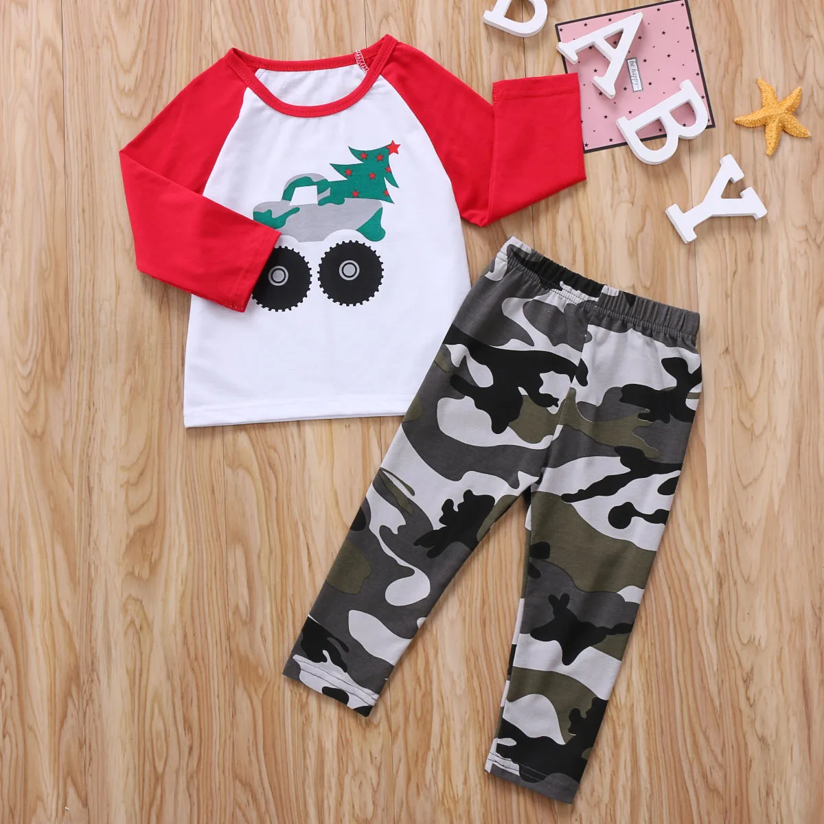 Boys Long Sleeve And Trousers Suit Cartoon Little Car Pullover T-Shirt And Camouflage Elastic Long Pants 6 Months-5 Years