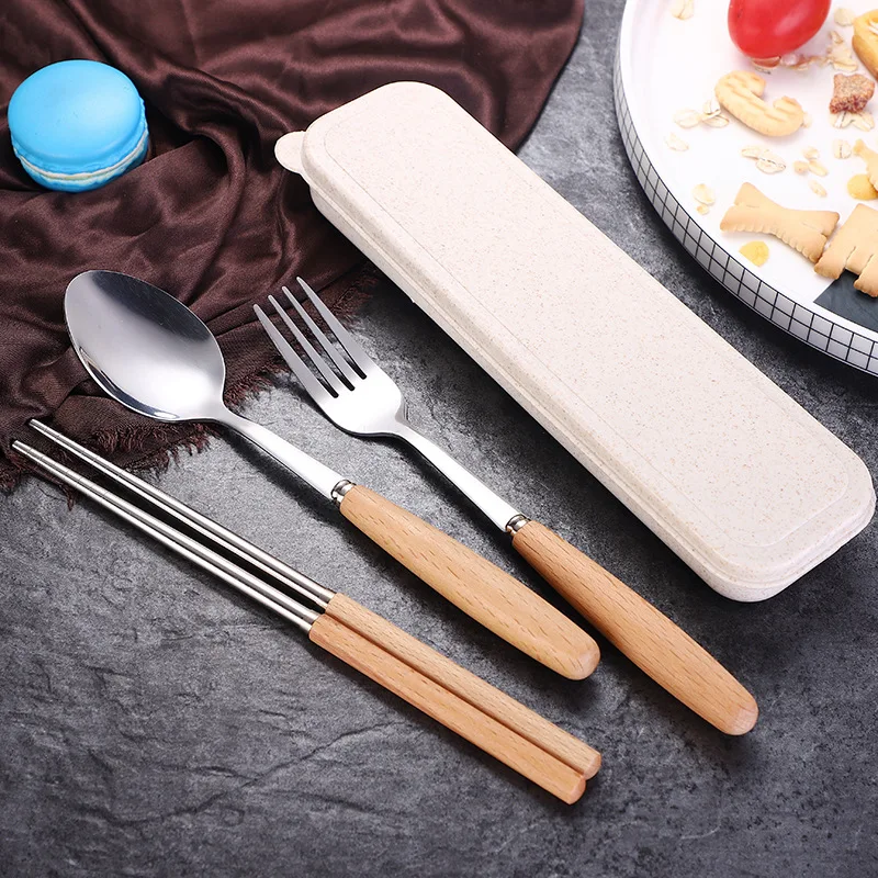 

Japanese Style Wooden Handle Tableware Set Stainless Steel Portable Multi-purpose Cutlery Sets Dinnerware Combination for School