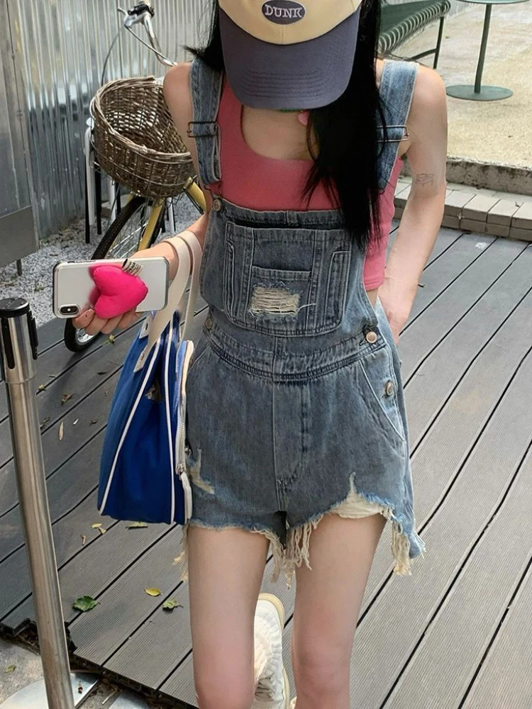 S-5XL Rompers Women Ripped Preppy Style Summer Streetwear Distressed Student Sweet Daily American 2023 Vintage All-match Girlish