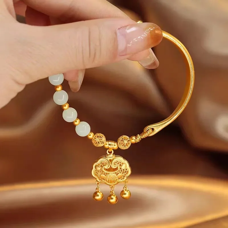 

Genuine gold 24K Peace lock hydrangea half moon bracelet natural and Tian Yu Ruyi long life lock bracelet ornaments