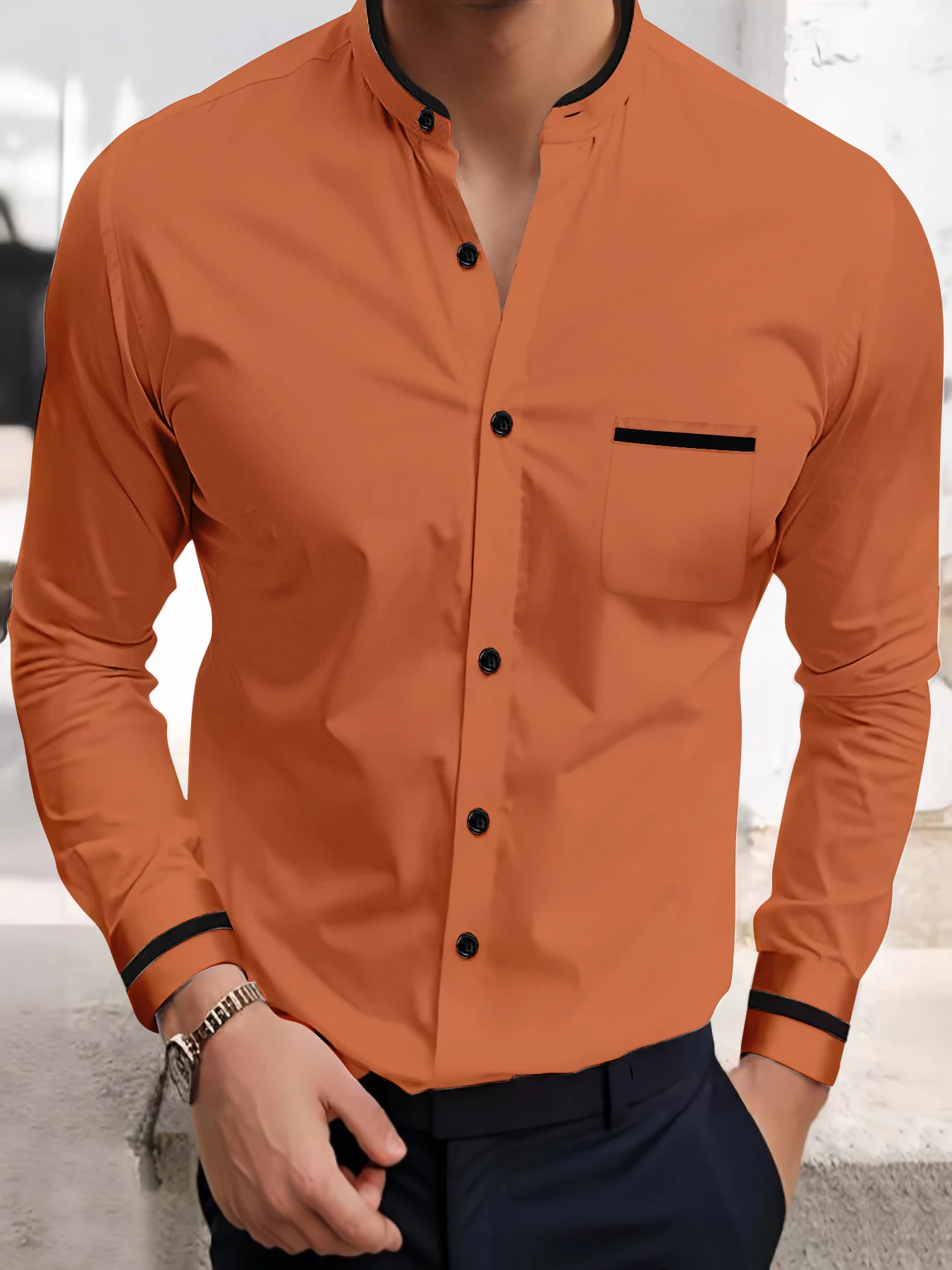 Men's casual shirt new comfortable cotton and linen single-breasted stand-up collar fashion pocket street loose long-sleeved top - Image 5