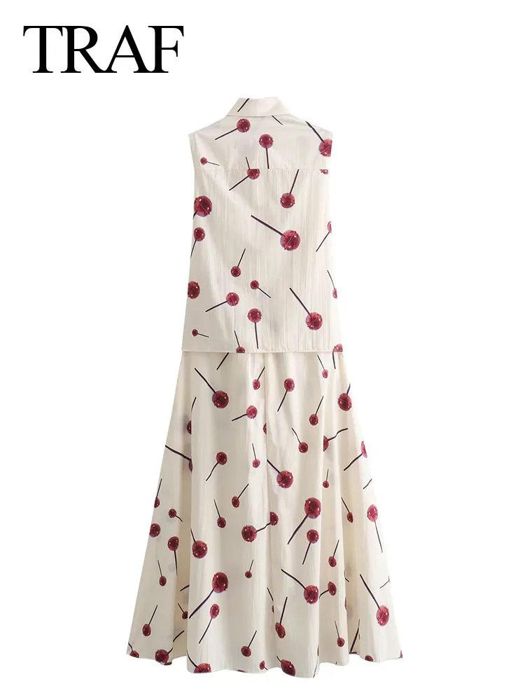 Traf-女性のノースリーブラペルプリントドレス,シングルブレストドレス,シックなレースアップ,ヴィンテージスタイル,シャツドレス,ルーズ,新品,2024