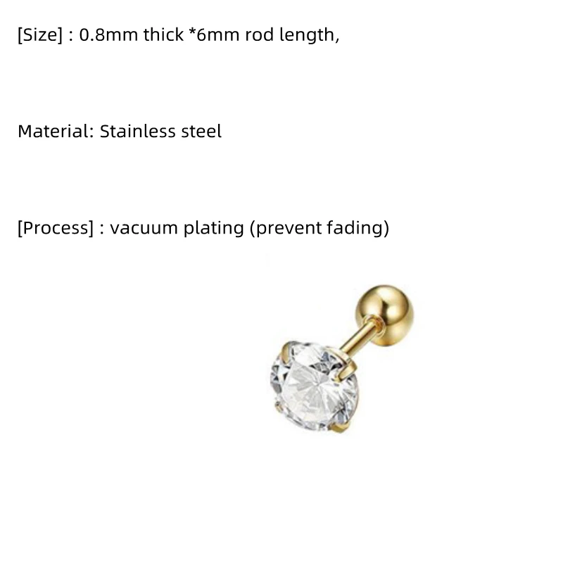 20G 0.8*6MM 1pair Screw Back Gold-color 316 Stainless Steel With AAA Zircon 2-5MM Stud Earrings For Men And Women Jewel