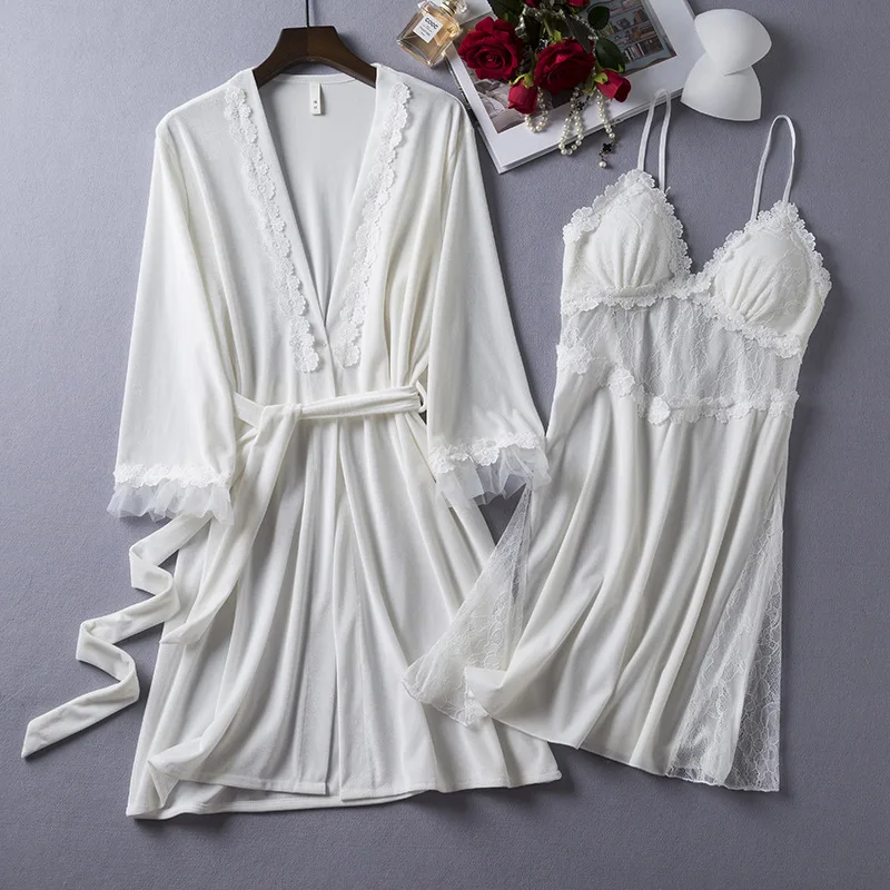 Velour Twinset Robe Set Womens Sexy Lace Sleepwear Nightwear Loungewear Spring Casual Kimono Bathrobe Gown Home Wear