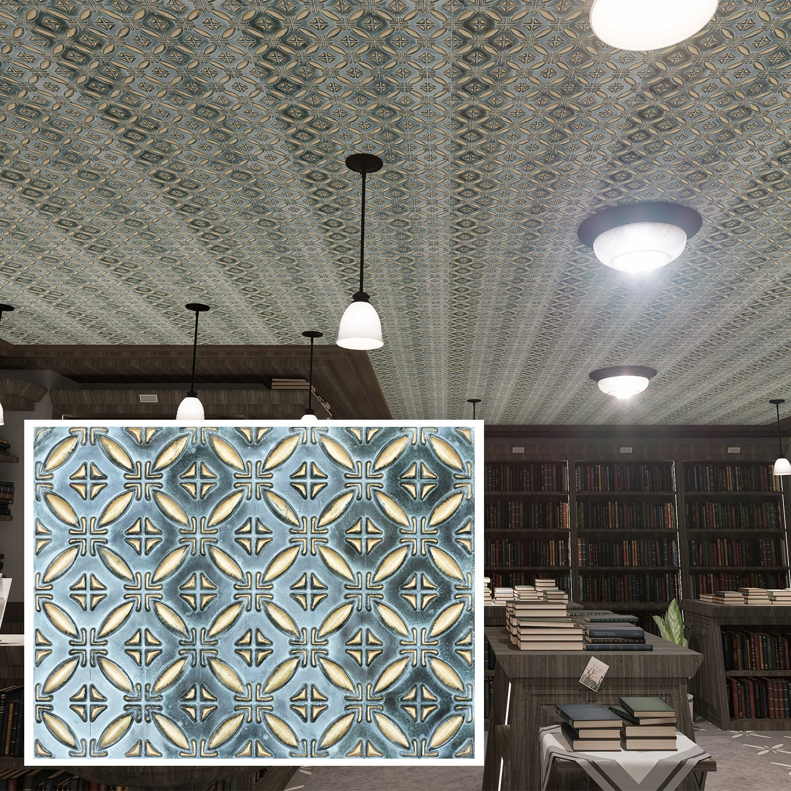 PVC Faux Tin Painting Tile, Embellished Ceiling Tiles, Interior Decorative Panel, for Hotel PLB38 Bluish gold 10pcs