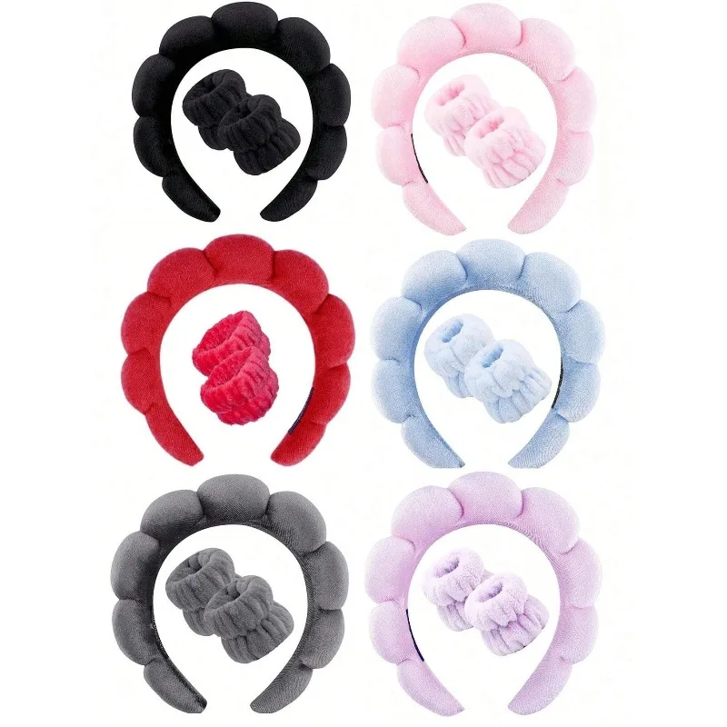 快適 - 洗顔、メイクアップ用3ピース高級ファイバースパヘッドバンドとリストバンドセット - ソフトな女性用ヘアアクセサリーセット