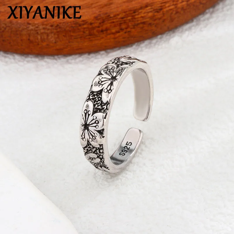 XIYANIKE Vintage Thai Silver Cherry Blossom Open Rings For Women Fashion New Handmade Jewelry Lady Gift Party anillos mujer