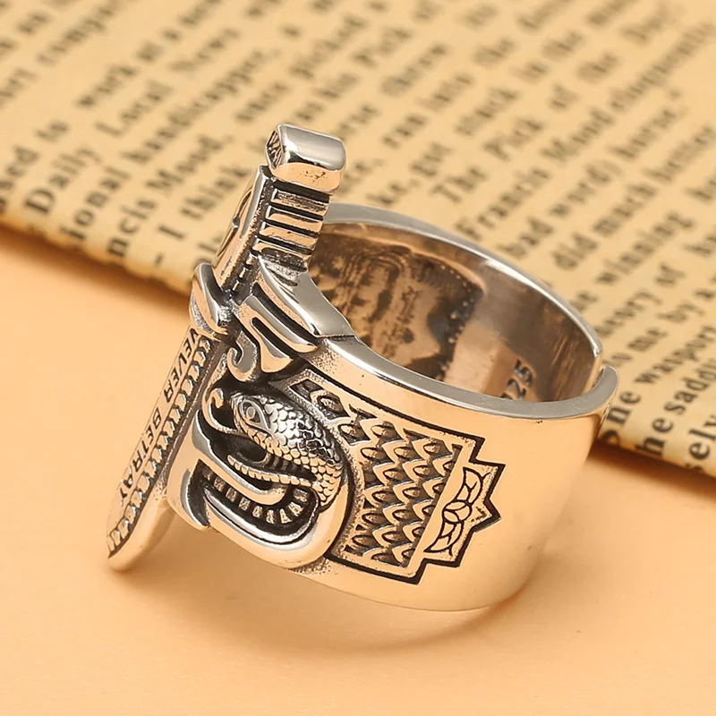 Men 925 Sterling Silver Open Adjustable Ring Retro Sword Double Beast  Finger Ring Biker Party Jewelry Gift
