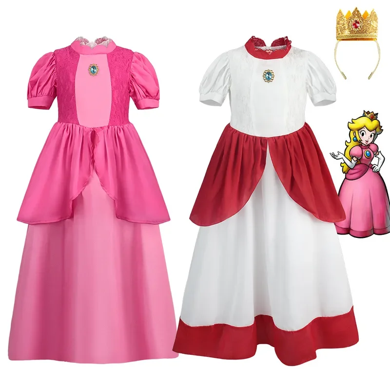 Children Adult Anime Princess Peach Toadstool Cosplay Costume Lace Patchwork Puffy Sleeve Dress Halloween Comic-Con Women Outfit