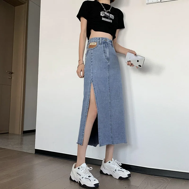 

Women's High Waist Denim Skirt Slim A-Line Retro Denim Skirts Wrapped Hip Mid Length Denim Woman Skirt Style Split Jeans Skirt