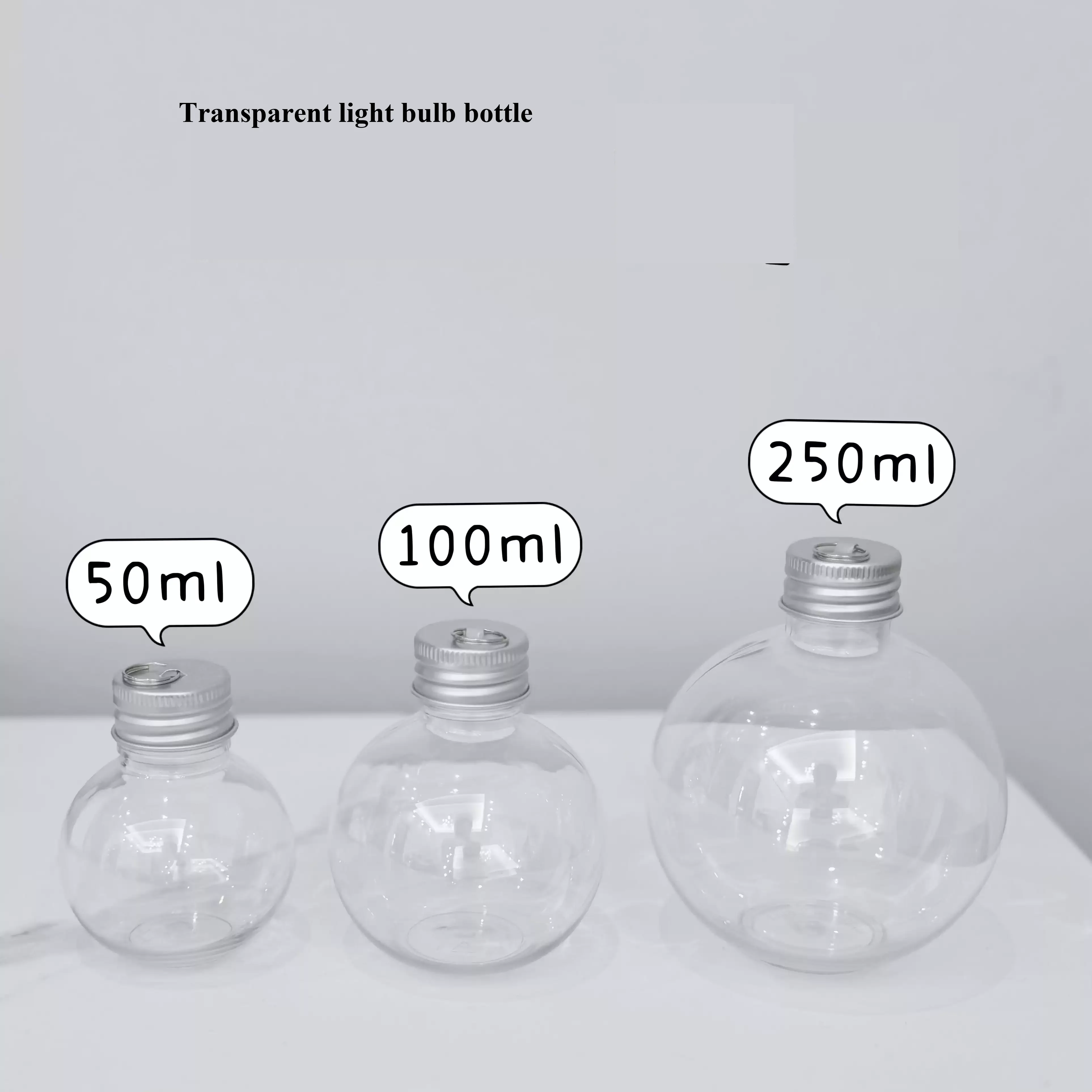 50ml 100ml 250ml Light Bulb Round Bottle PET Plastic Transparent Bottle Hanging Ring Lid Wishing Christmas Bottle DIY Decoration
