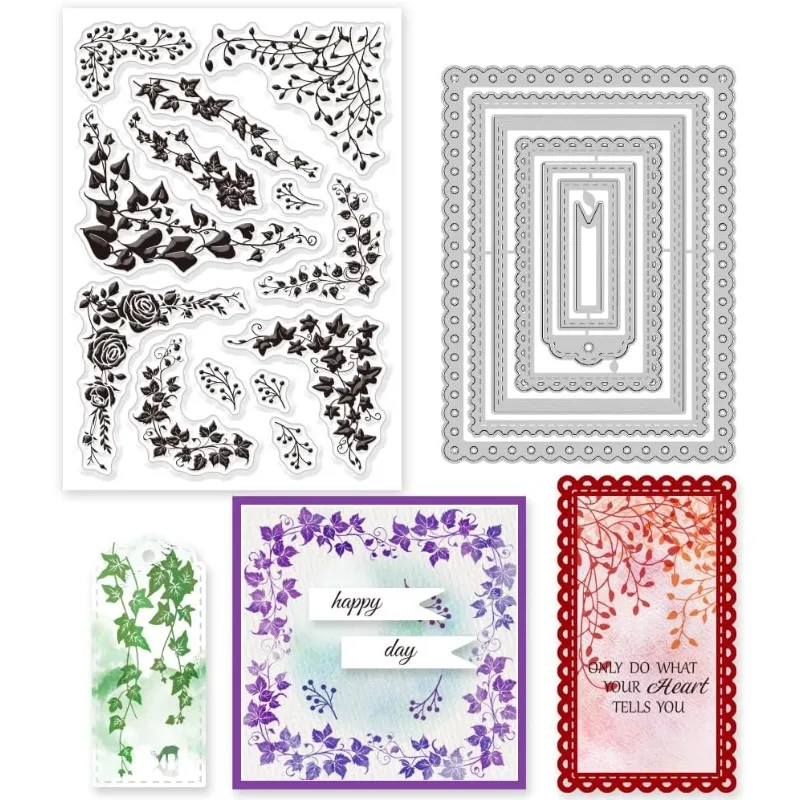 

2Pcs Tags Vine Corner and Frame Clear Stamps and Cutting Dies Silicone Clear Stamps Cards and Metal Die Cuts for Card Making