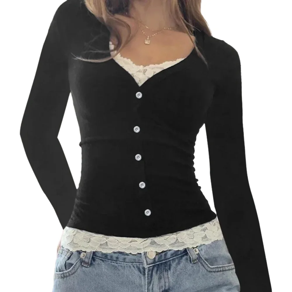 T-Shirt court à manches longues pour femmes, épissure de dentelle de couleur Pure française, coupe cintrée, faux haut deux pièces Sexy