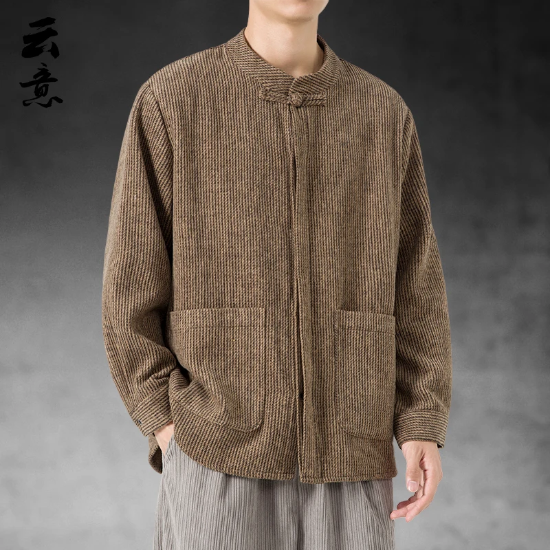 

Новый китайский утепленный шерстяной мужской кардиган-жакет на пуговицах, повседневное пальто в стиле Ханьфу большого размера для осени и весны