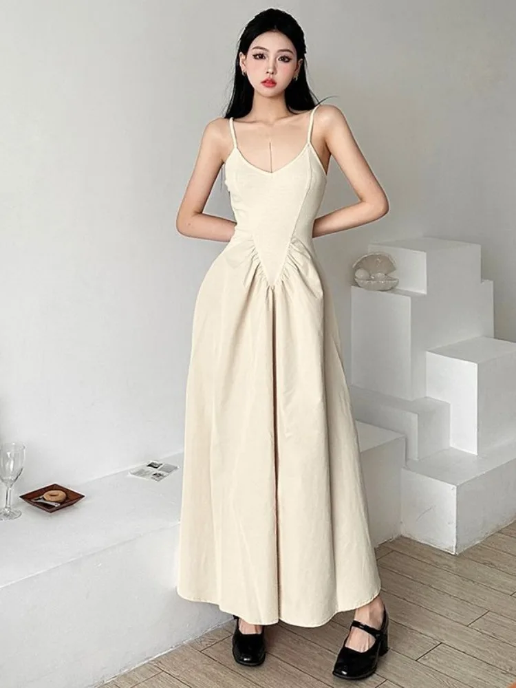 Y2k Summer Dress Women 2024 Vestidos De Mujer Fashion Pleated Solid Sweet Robe Femme Tunic Korean Sling Backless Maxi Dresses