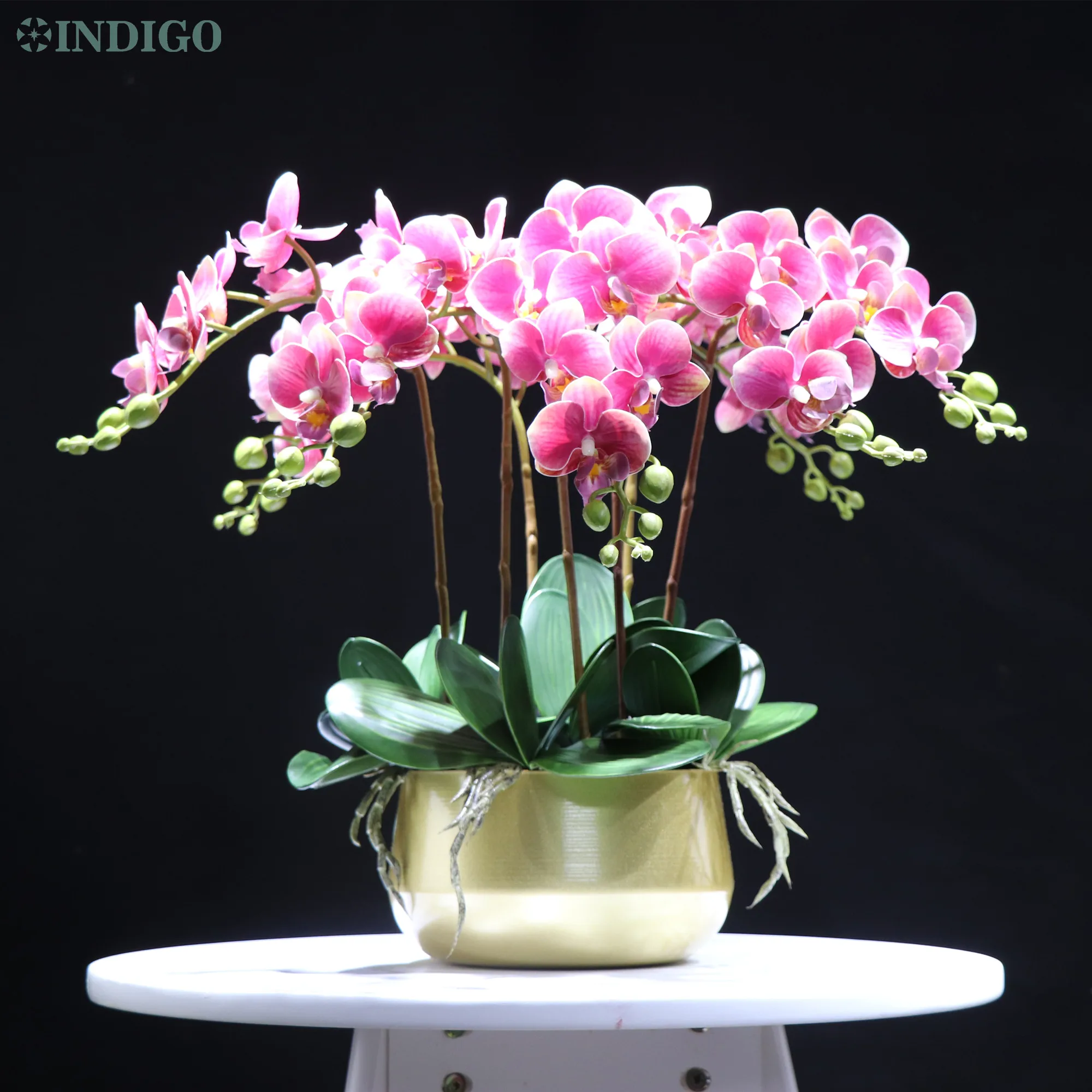 

INDIGO-Purple Orchid Flower Arrangment, Real Touch, Office Decoration, Event Centerpiece, DIY, 7Pcs, 5Pcs Leaf, Moss Pot