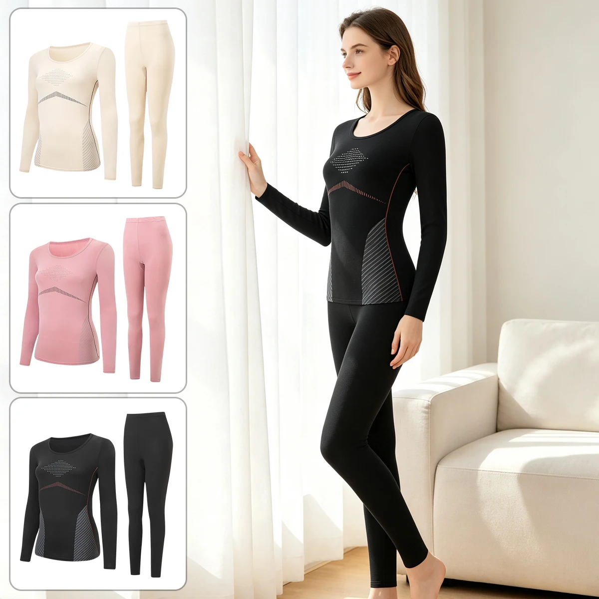 2-Piece Autumn/Winter Women's Warm Set v3 Printed Solid Color Interior With Girls' Casual Sports Comfortable Top MultiFunctional