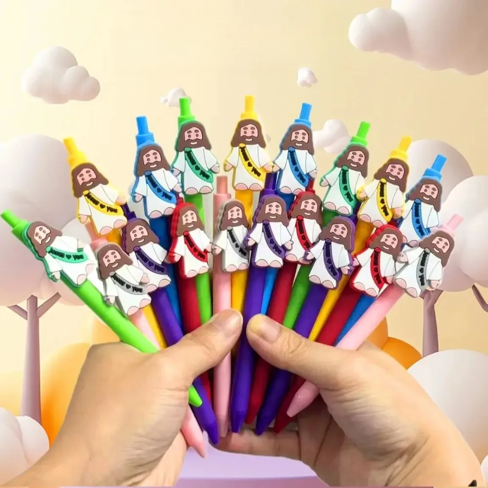 10 Stück Bonbonfarbene Jesus-Einzieh-Kugelschreiber mit PVC-Clip, Kirchen- und Bürobedarf, Religiöse Geschenke zum Schreiben