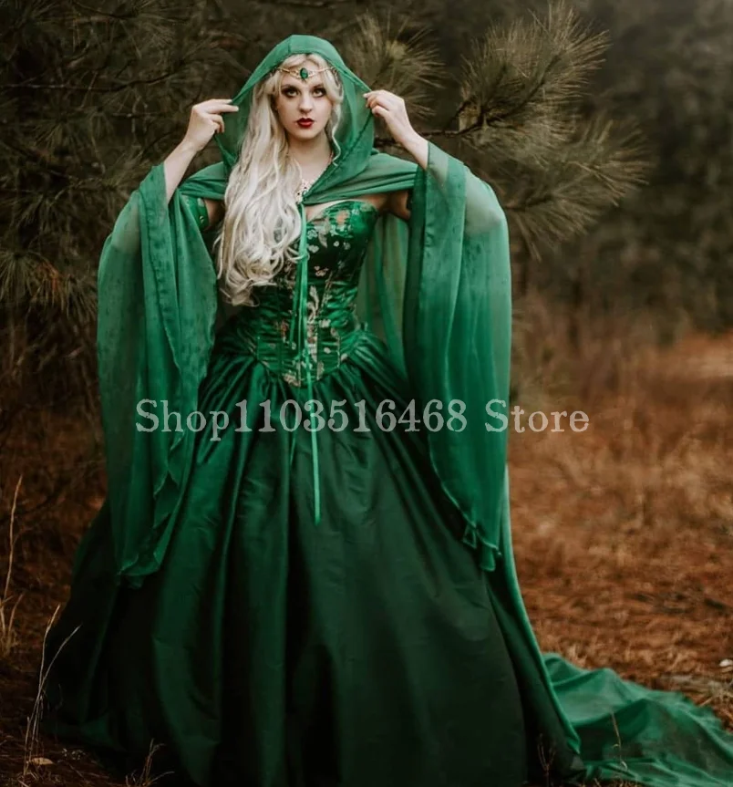 Vintage Victorian Laced Prom Dresses Emerald Green Medieval Elf Flared Sleeve Strapless Long For Women Special Occasion