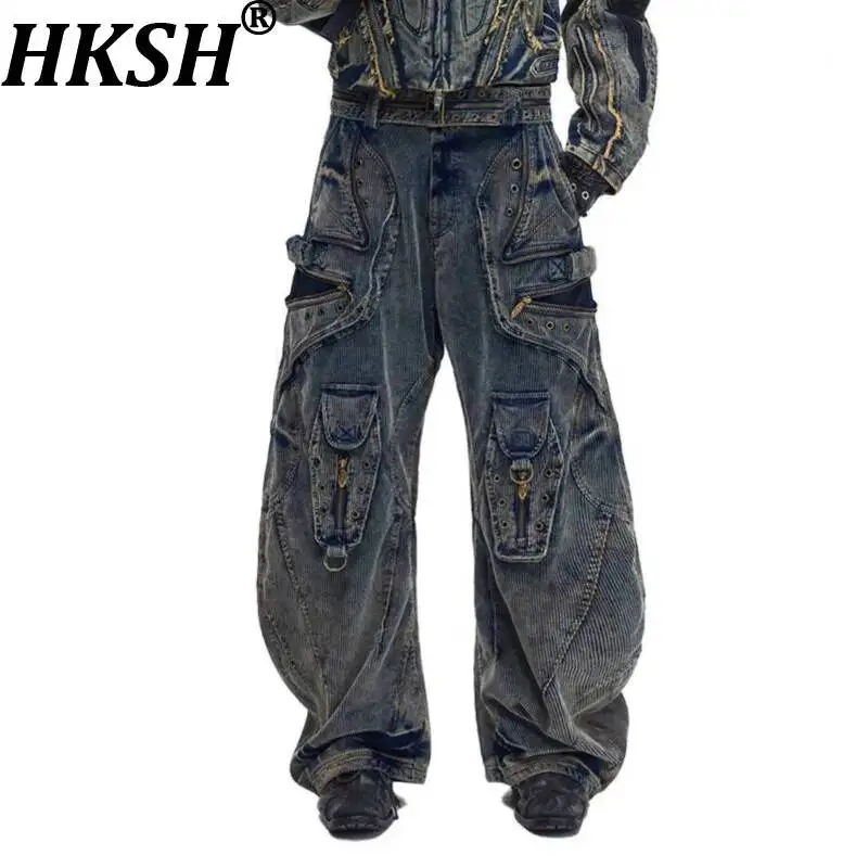 HKSH Spring Autumn New Men Safari Style Vintage Corduroy Multi-pocket Zippers Sashes Fashion Trendy Wide-Leg Cargo Pants HK16707