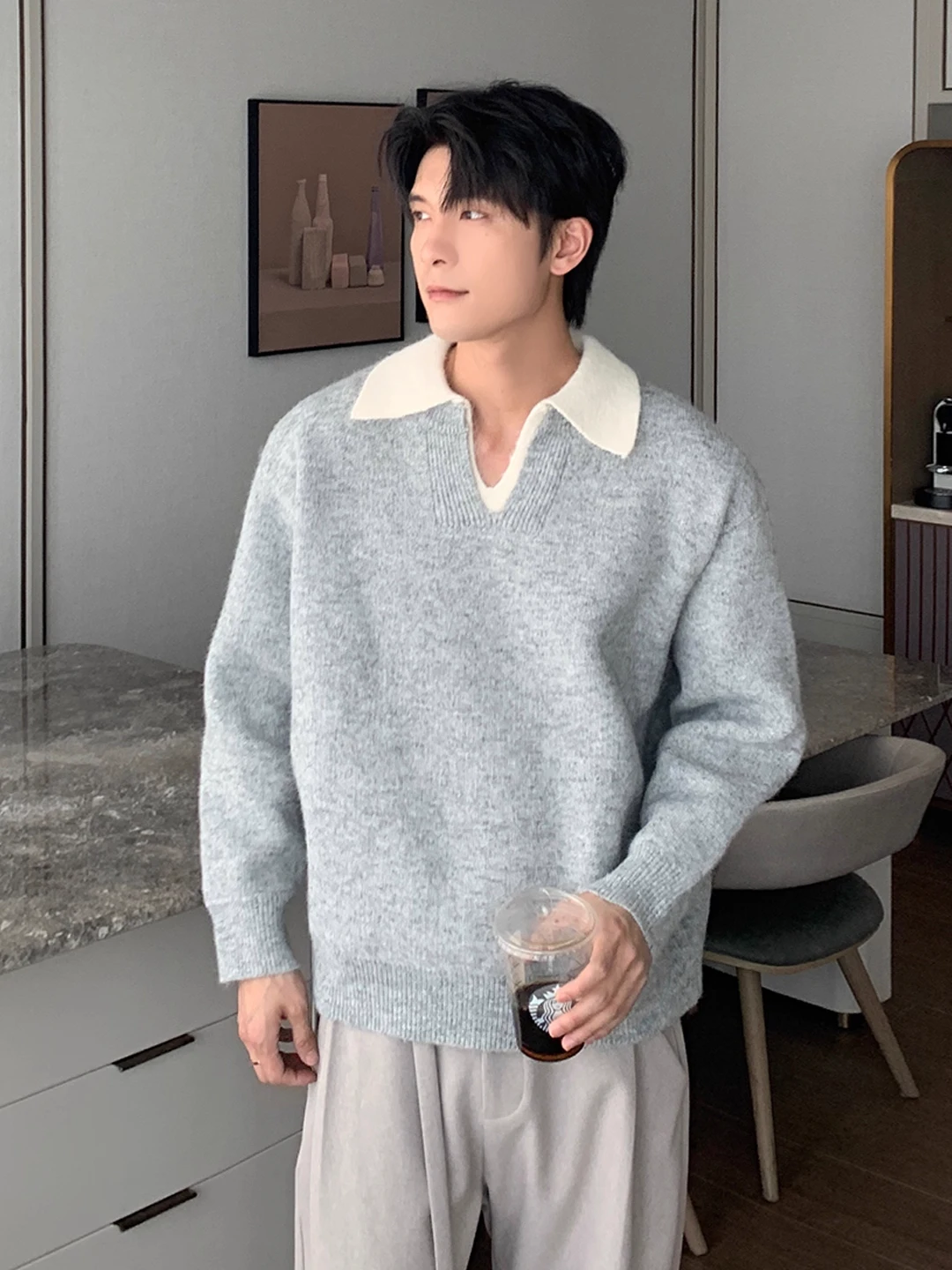 

Briti Sle Тяжелый трикотаж с капюшоном, повседневный мягкий удобный мужской свитер с V-образным вырезом, моющийся топ из полиэфирного волокна