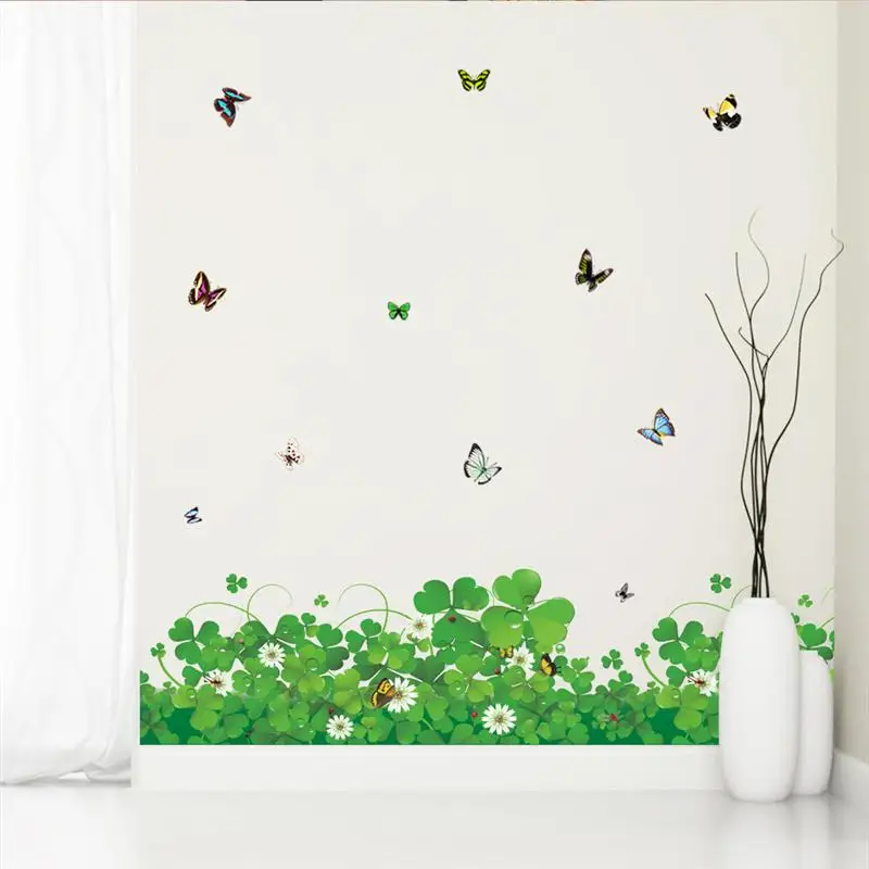 Green Clove Flowers Butterfly Wall Stickers For Living Room Bedroom Home Decoration Diy Pvc Baseboard Wall Art Plant Decal