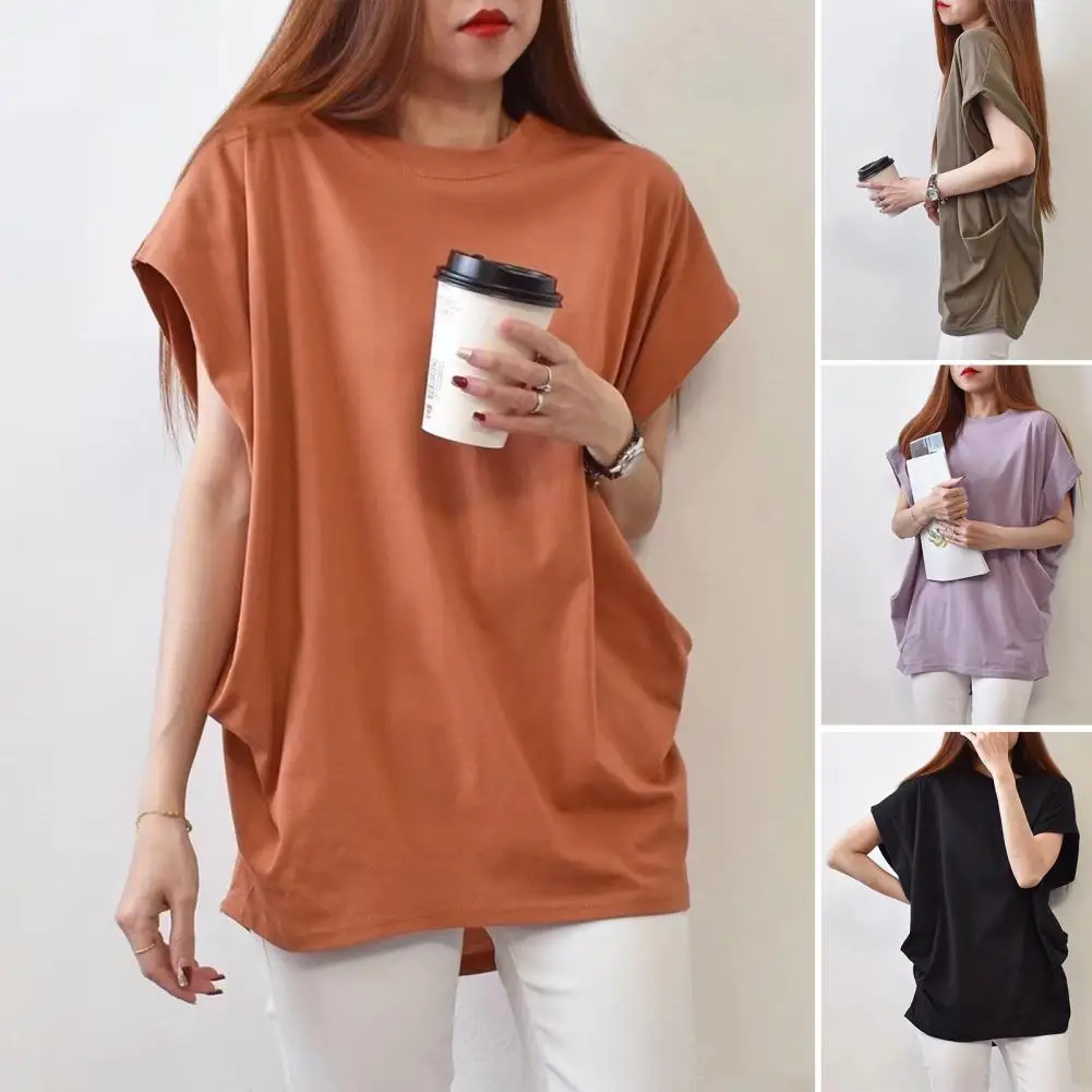 Women Tops Round Neck Raglan Short Sleeve Irregular Pleats Tee Shirt Solid Color Loose Fit Summer Pullover Tops