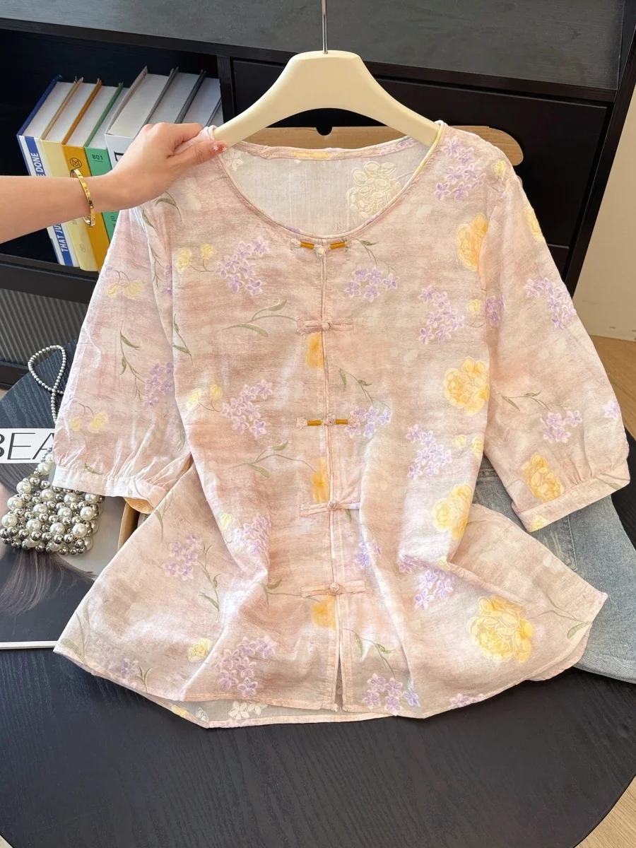 

Elegant Embroidered Silk Half Sleeve Shirt Women's Summer Lightweight Sun Protection Reformed Tang Costume Button Ca...