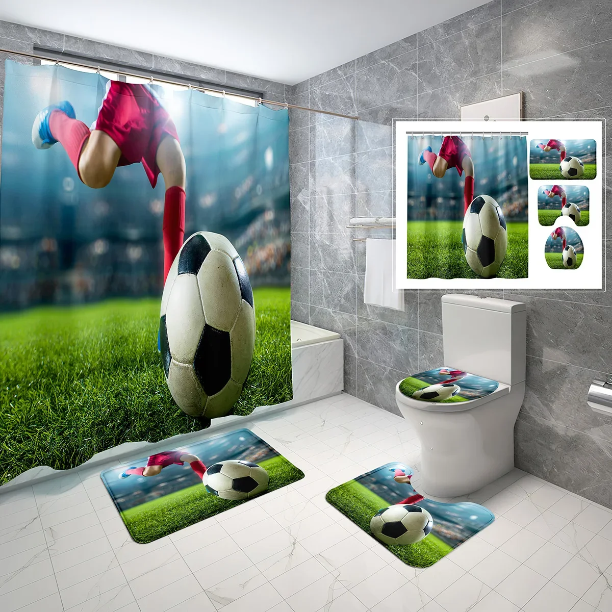 Youth Sports Shower Curtain Set Creative Football 4 Pcs Shower Curtain Bathroom Non-Slip Bath Mat Toilet Cover Curtain Set