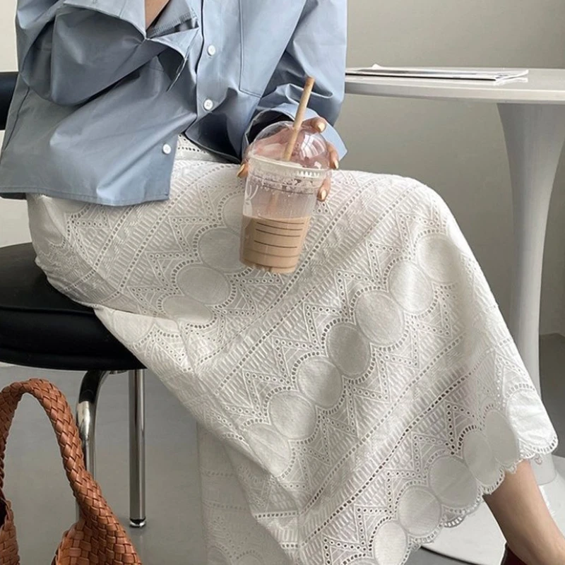

Elegant Embroidered Lace A-line Long White Cotton Skirt