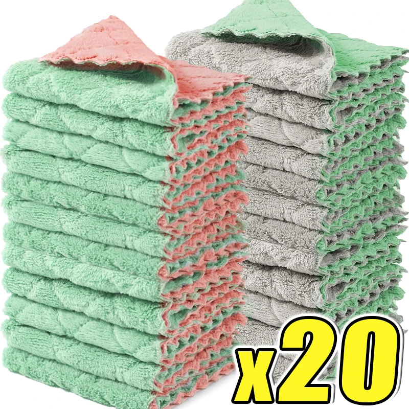 Double-Sided Microfiber Cleaning Cloths Super Absorbent Coral Fleece Rags Kitchen Washing Cloth Towel Scouring Pads Cleaner Tool