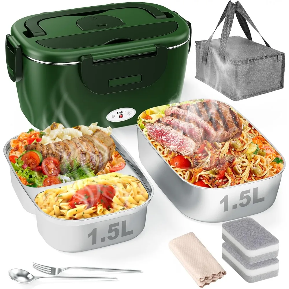 

Portable Electric Lunch Box with Dual Stainless Steel Containers - Fast Heating for Car, Office & Travel