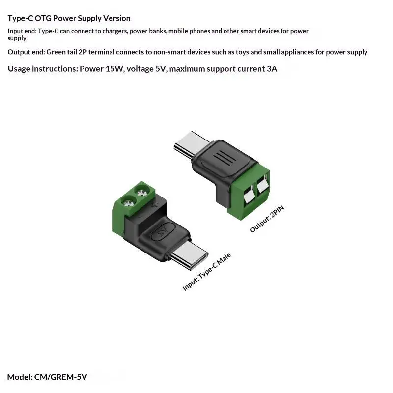 1 Pc Type C/Micro USB Female to 2 Pin Terminal Block Connector, 5V Solderless Screw Charging Plug OTG Adapter