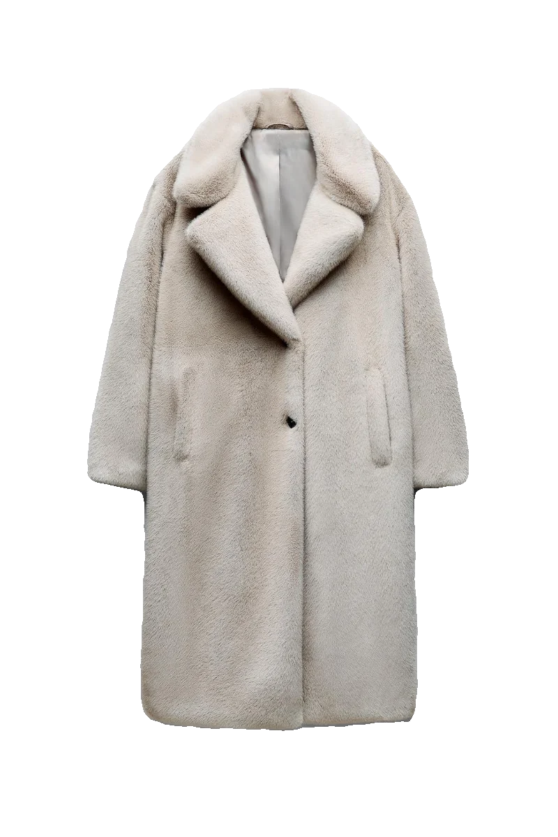 Abrigo largo de mujer estilo nuevo de invierno 2023, chaqueta con efecto de piel artificial, tacto premium, cuello en V, cier...