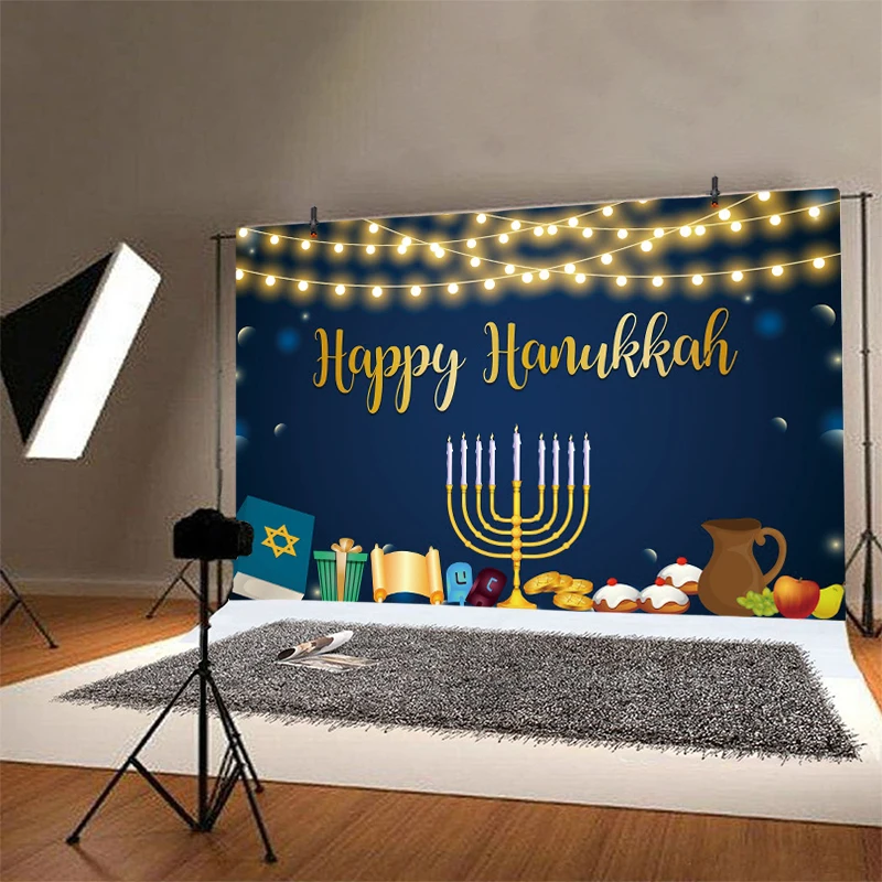 Happy Hanukkah Photography Backdrop Jerusalem Jewish Party Banner Holy Bible Candle Lampstand Decorations Photo Background Cloth