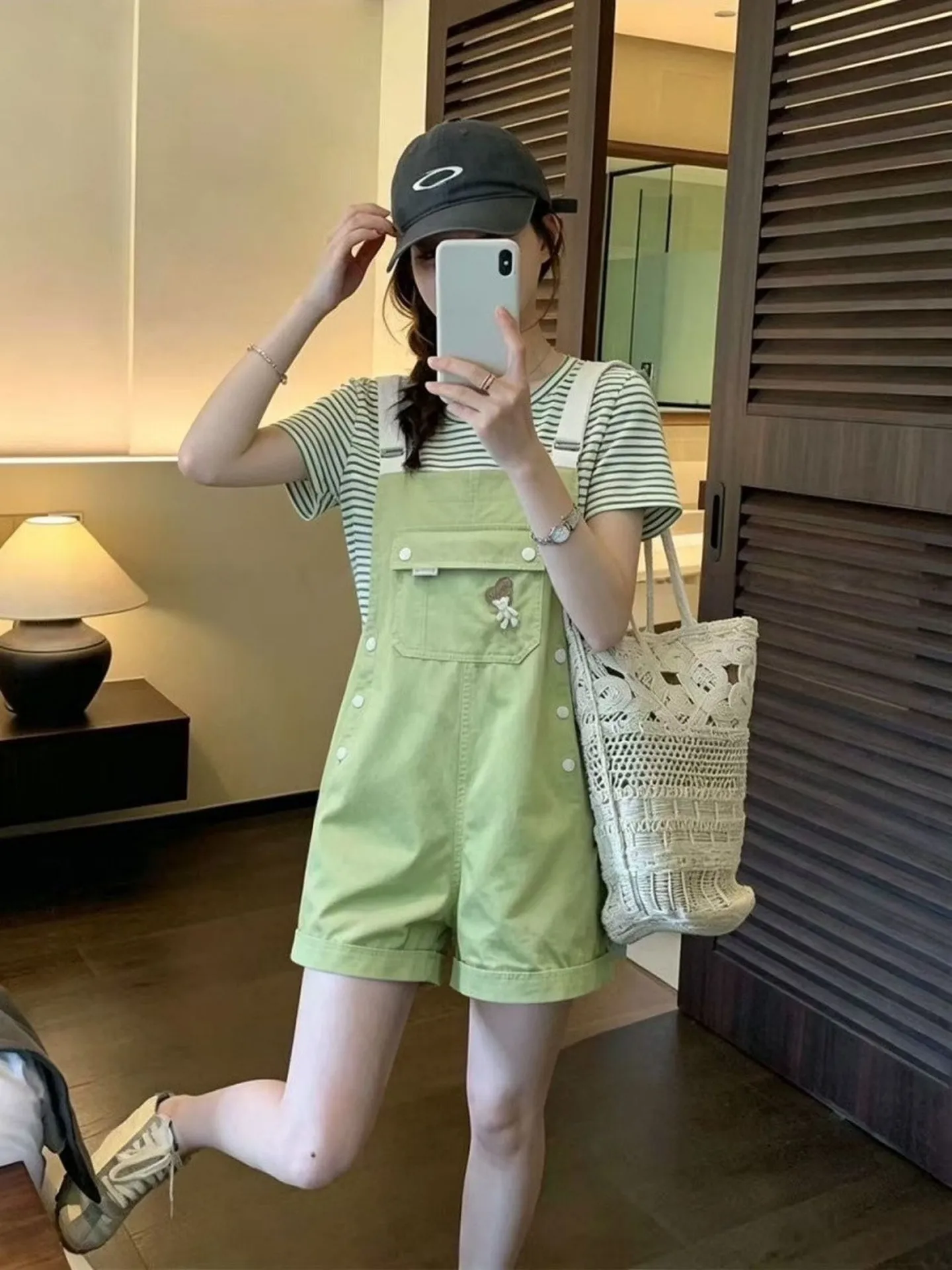 Suspenders Korean Style Embroidered Pocket Overall Shorts for Women Youthful Cargo Strappy Jumpsuit