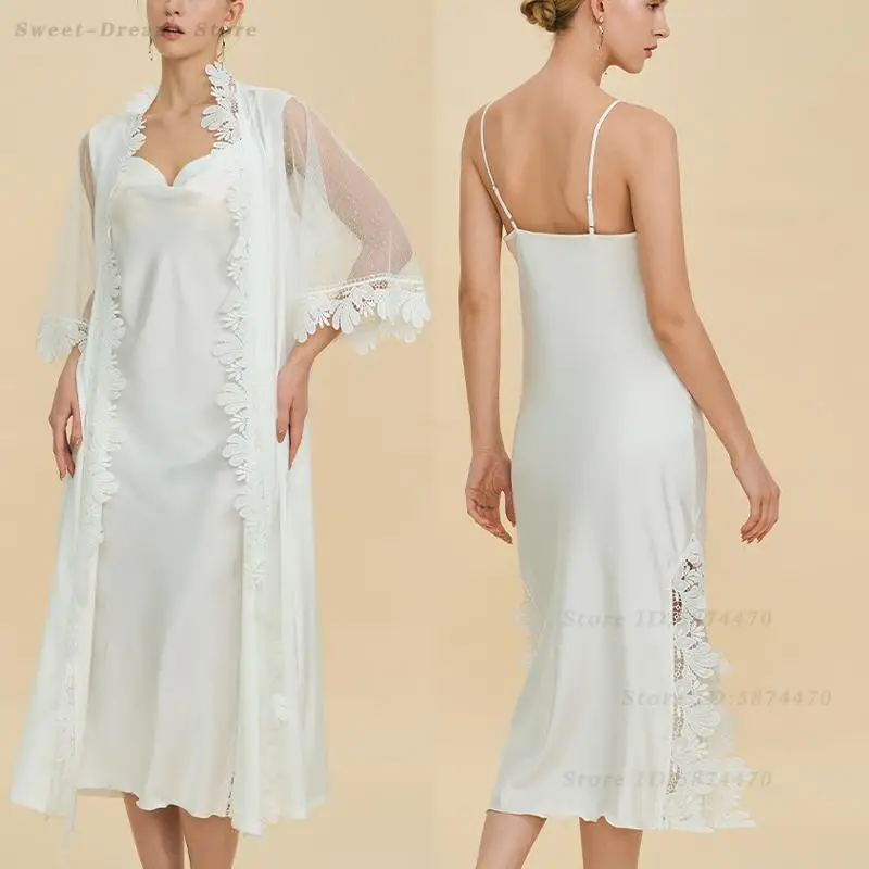 

Spring Summer New Nighty&robe Set Bride's Morning Gown Sleepwear Sexy Lace Sleeve Bathrobe Long Suspender Nightgown Home Clothes