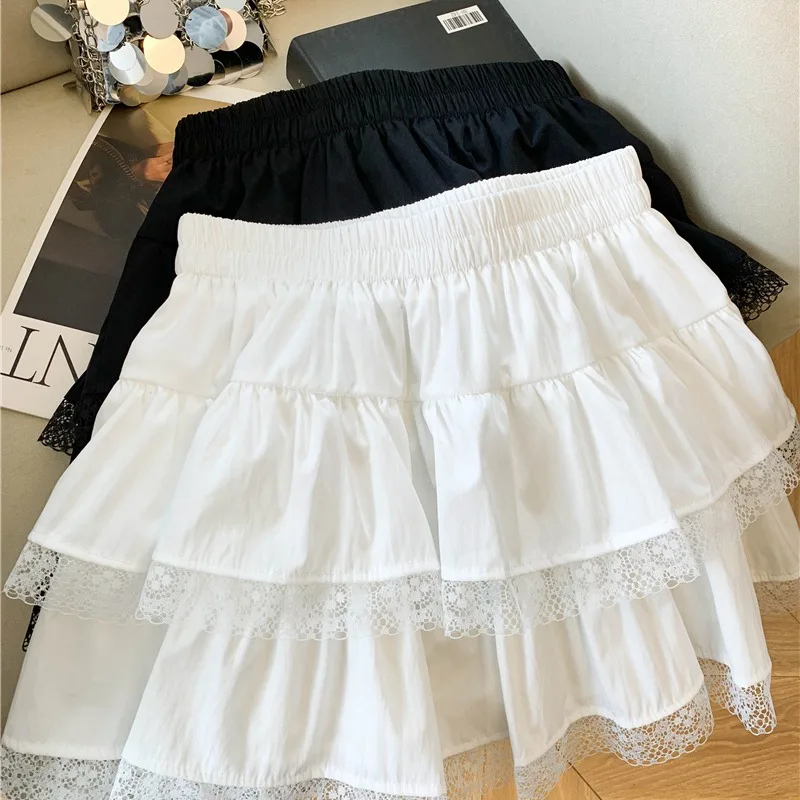 

Белая кружевная юбка-полусолнце с высокой талией, пышная, А-силуэт, весна 2026, милая, стройнящая, с оборками, повседневная, средней длины