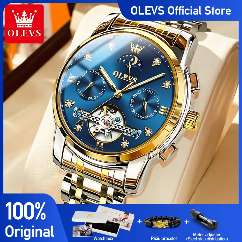 OELVS Men\'s Watches Luxury Original Automatic Mechanical Tourbillon Wristwatch for Man Waterproof Luminous Date Week Moon Phase