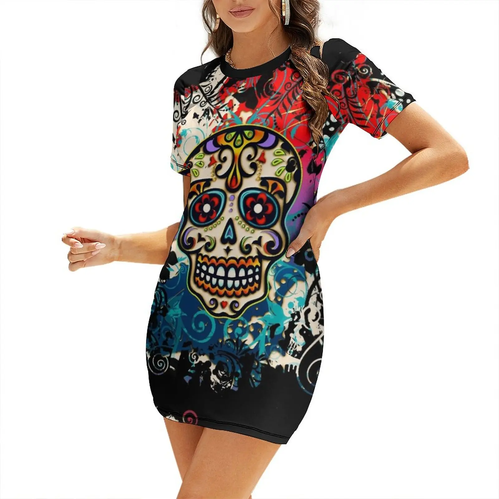 

Mexican Skull, Sugar Skull, Day of the Dead, Dias de los muertos Short Sleeved Dress summer women's suit summer dress