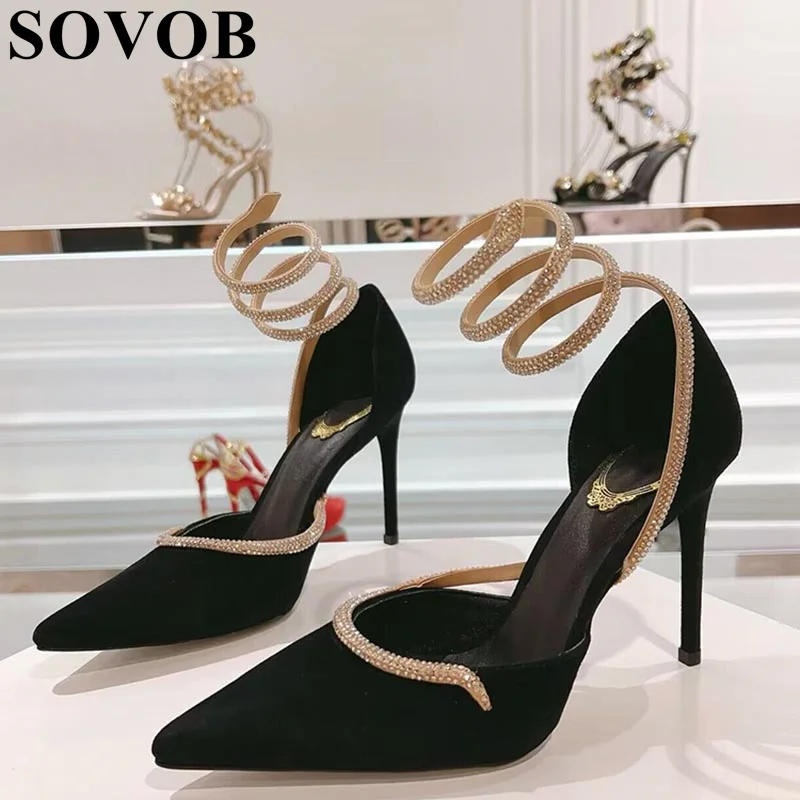 

Spring Autumn Pointed Flicker Crystal Slim Heel Sandals Women's Satin Ankle Strap Solid Color High Heels Sexy Party Dress Shoes