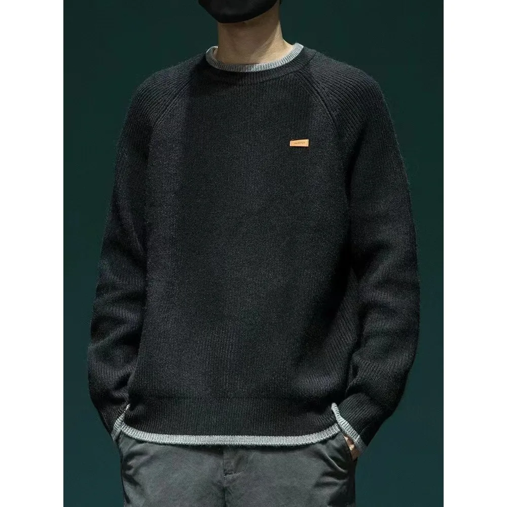 

American Design Loose Men's Knitted Sweater Thiened Autumn Winter Inner Wear Lazy Sle Fake Two-Piece Long Sve round Ne
