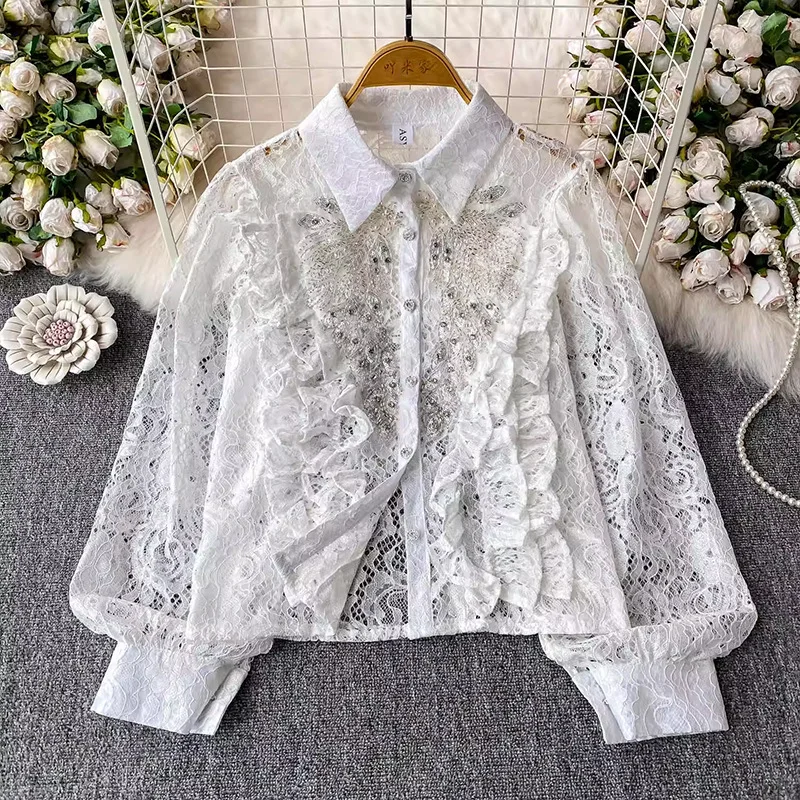 

French Court Style Heavy Embroidery Beaded Rhinestone Collar Shirt For Women Summer Loose Slimming Ruffled Lace Blouse