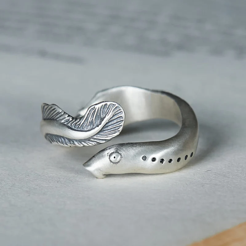 Retro Carving Eel Rings Unisex Unique Design Thai Silver Ring Open Size Finger Jewelry KOFSAC