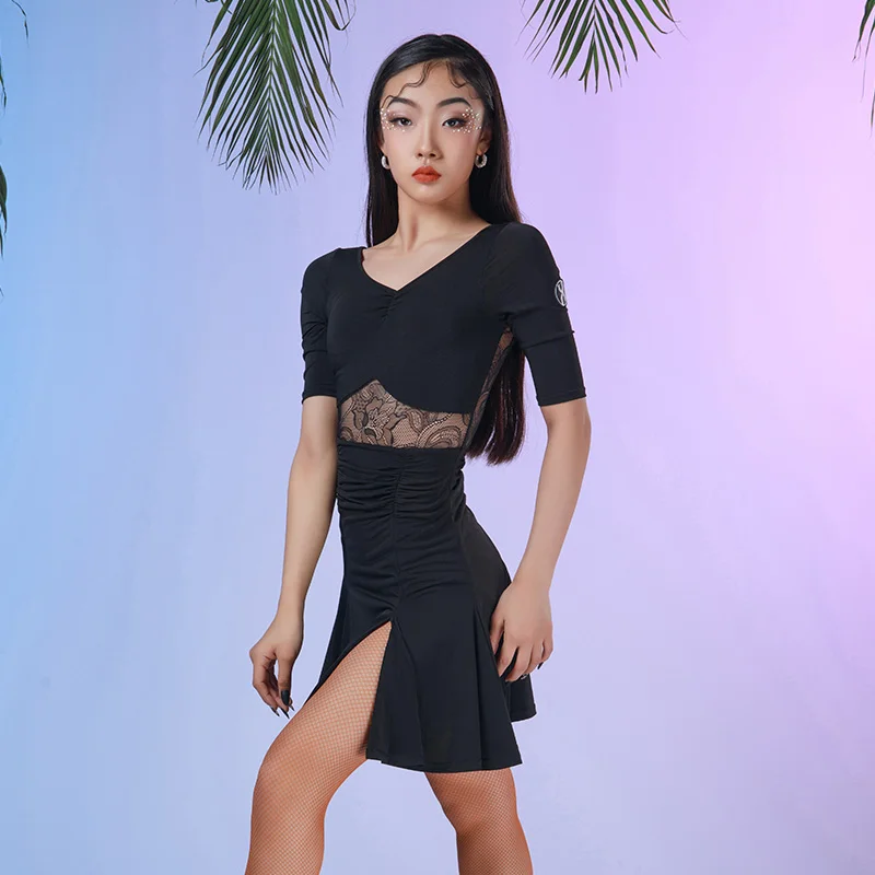 2026 소녀를위한 새로운 라틴 댄스 대회 드레스 반팔 블랙 드레스 삼바 차차 탱고 키즈 라틴 댄스 드레스 DQS21739