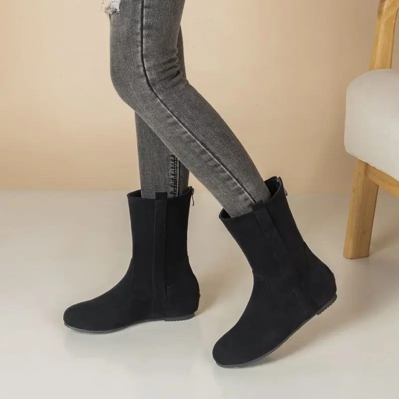 

ASILETO Brand Leisure Female Short Boots Round Toe Increased Heels 4cm Flock Suede Size 41 42 43 Daily Ankle Bota