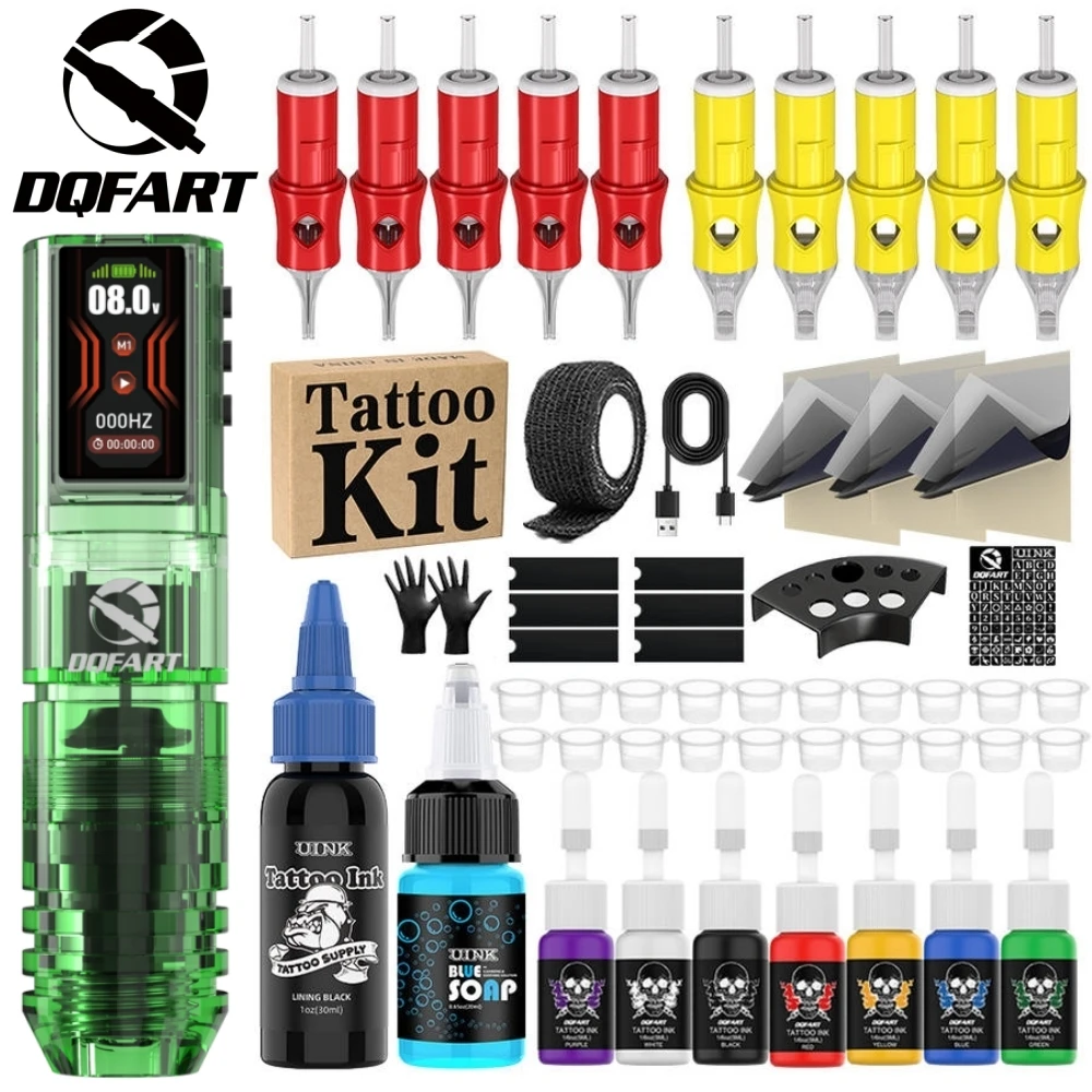 DQFART Brand Beginner P2 Electric Wireless Tattoo Machine Pen Set Tattoo Ink Needle Green Soap 6Choices Designs Accessories