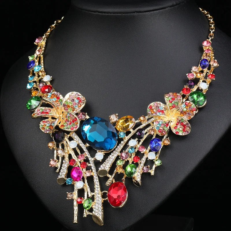 Western Colourful Rhinestone Flower Earrings and Necklace