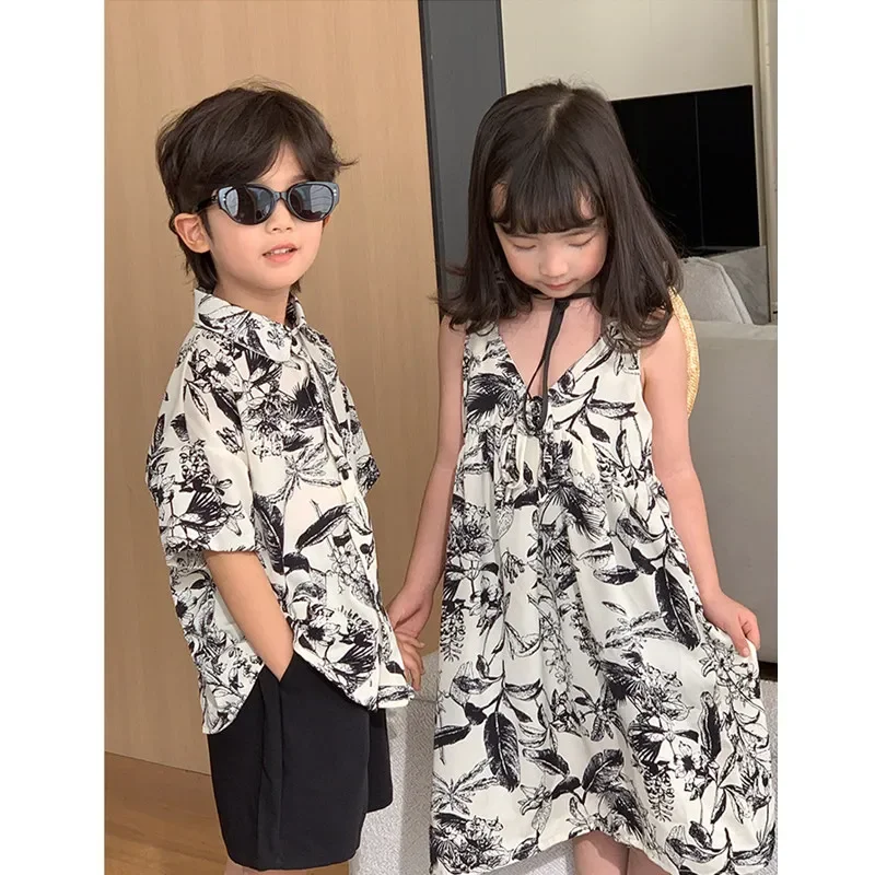 

2024 Baby Twins Clothes Toddler Boys Shirts 2 Piece Sets Kids Girls Dresses Fashion Brother and Sister Matching Outfit Summer