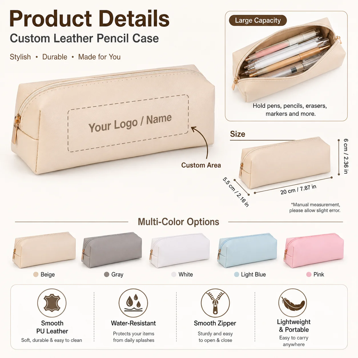 Custom PU Leather Pencil Case Large Capacity, Smooth Zipper Stationery Organizer Pouch Custom Logo Name for Office School view 6